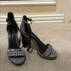 Nine West Plaid Ankle-Strap High Heels in Black, Gray and Red